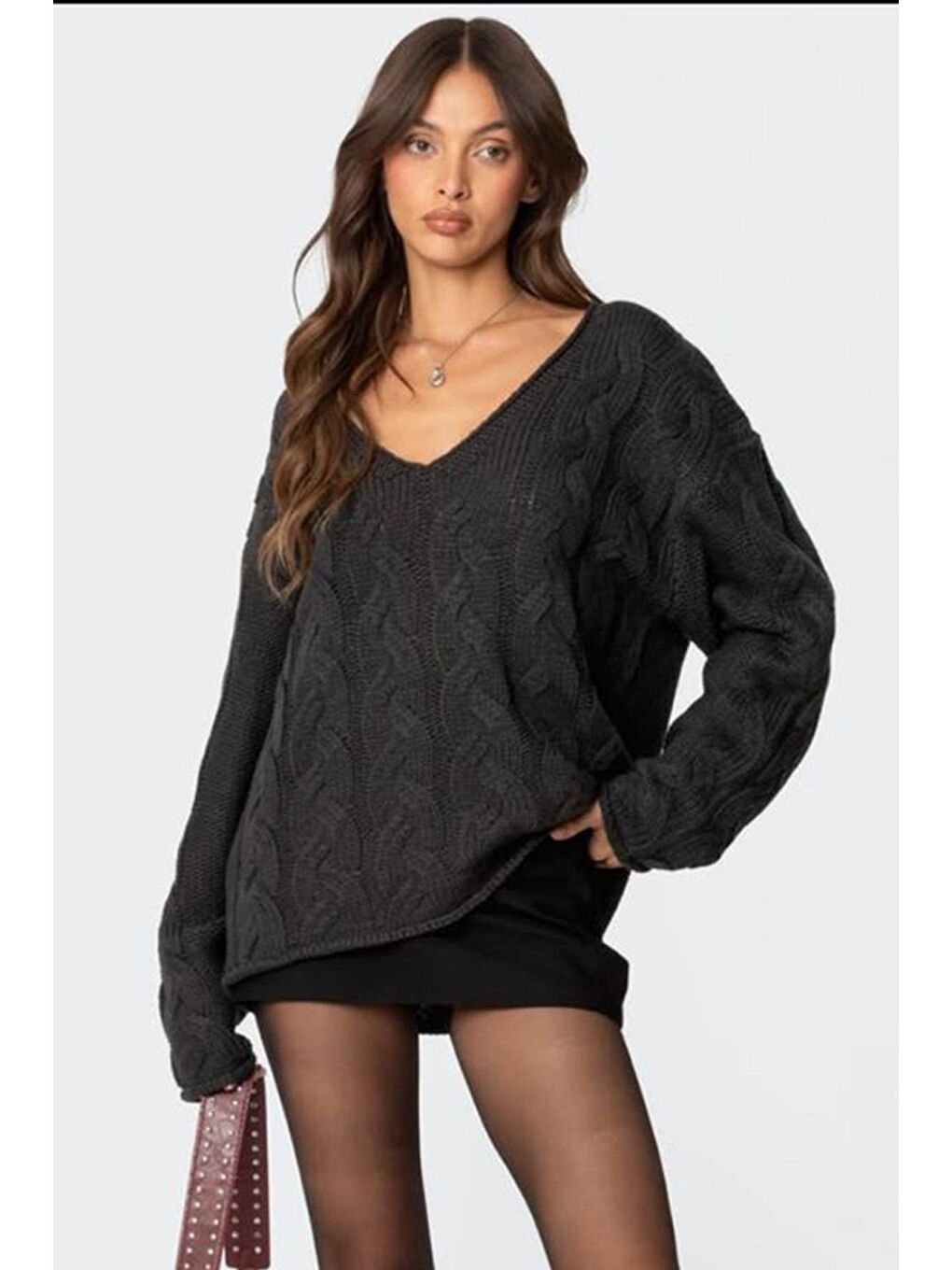 Antrasit V Yaka Örgü Desen Oversize Kadın Kazak Mg2519-4