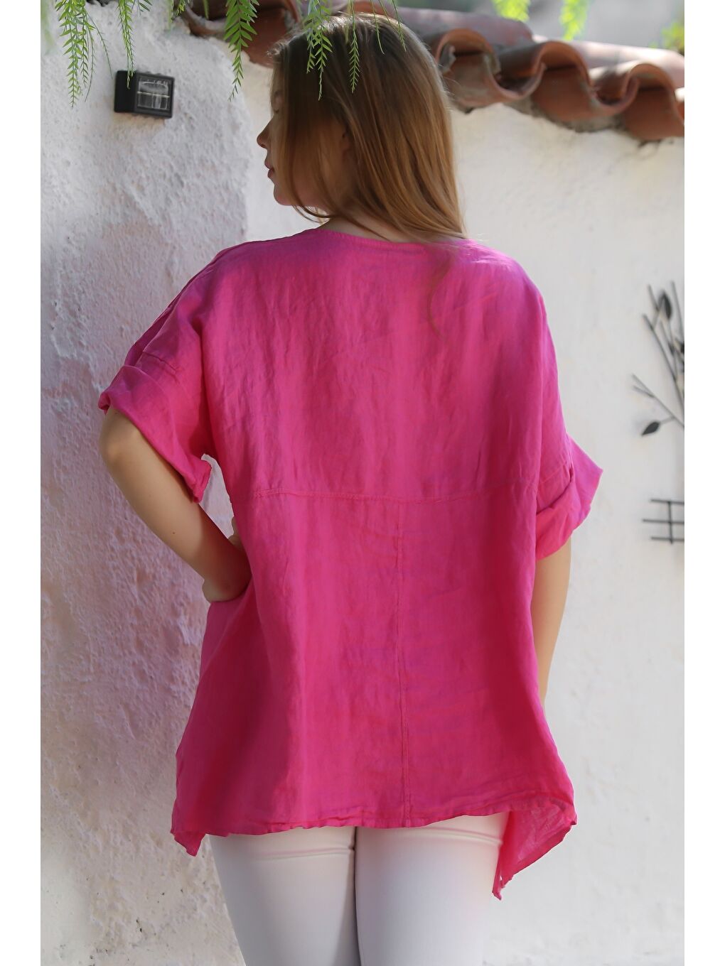 İtalyan Fuşya Havuz Yaka Cepli Yıkamalı Keten Asimetrik Oversize Dokuma Bluz 75 65-7