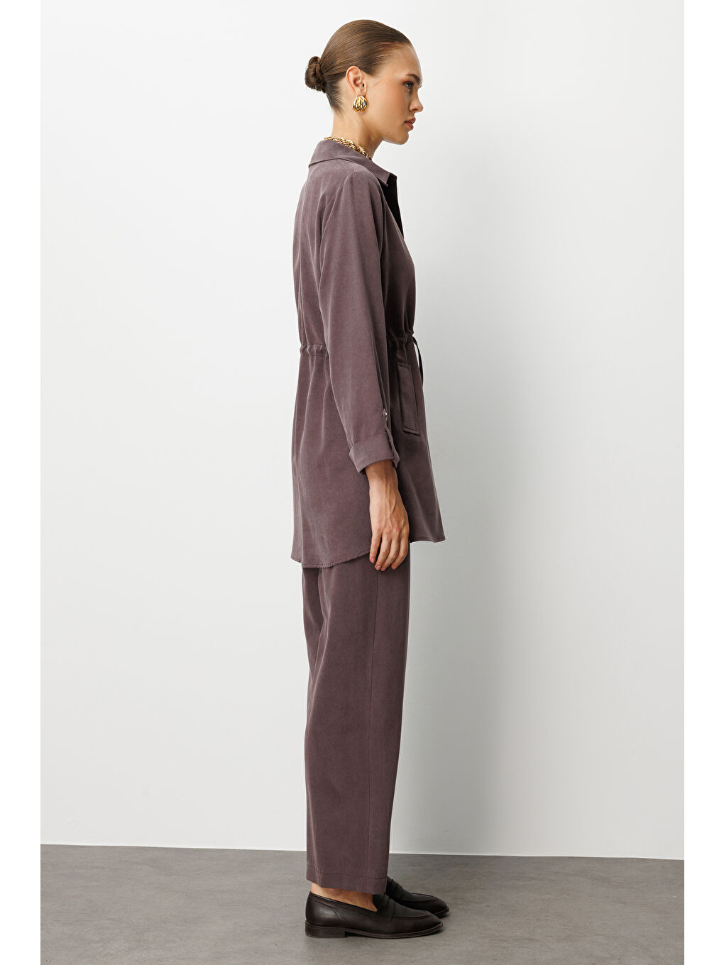 Geniş Paça Beli Lastikli Kahverengi Cupro Pantolon-2