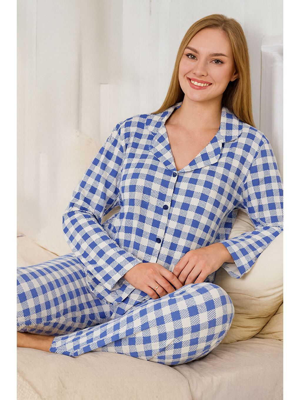 Kadın Ekose Desen Suprem Önü Düğmeli Pijama Takımı 0470 Mavi03-1