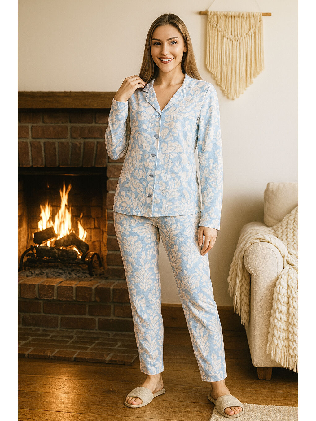 Kadın Desenli Suprem Düğmeli Pijama Takımı 0482 Mavi02-3
