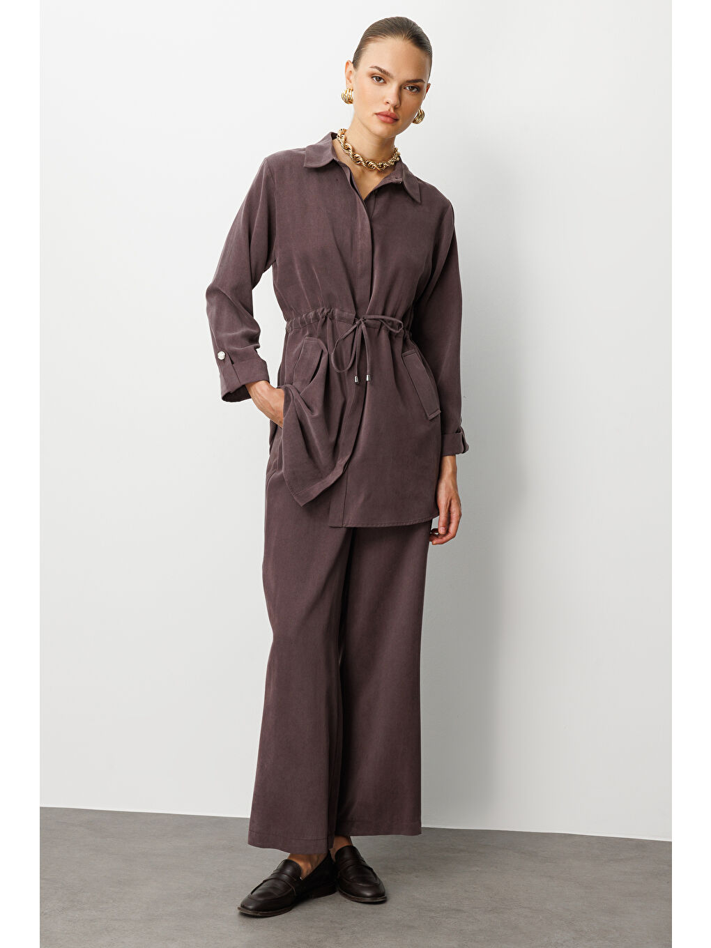 Geniş Paça Beli Lastikli Kahverengi Cupro Pantolon-3