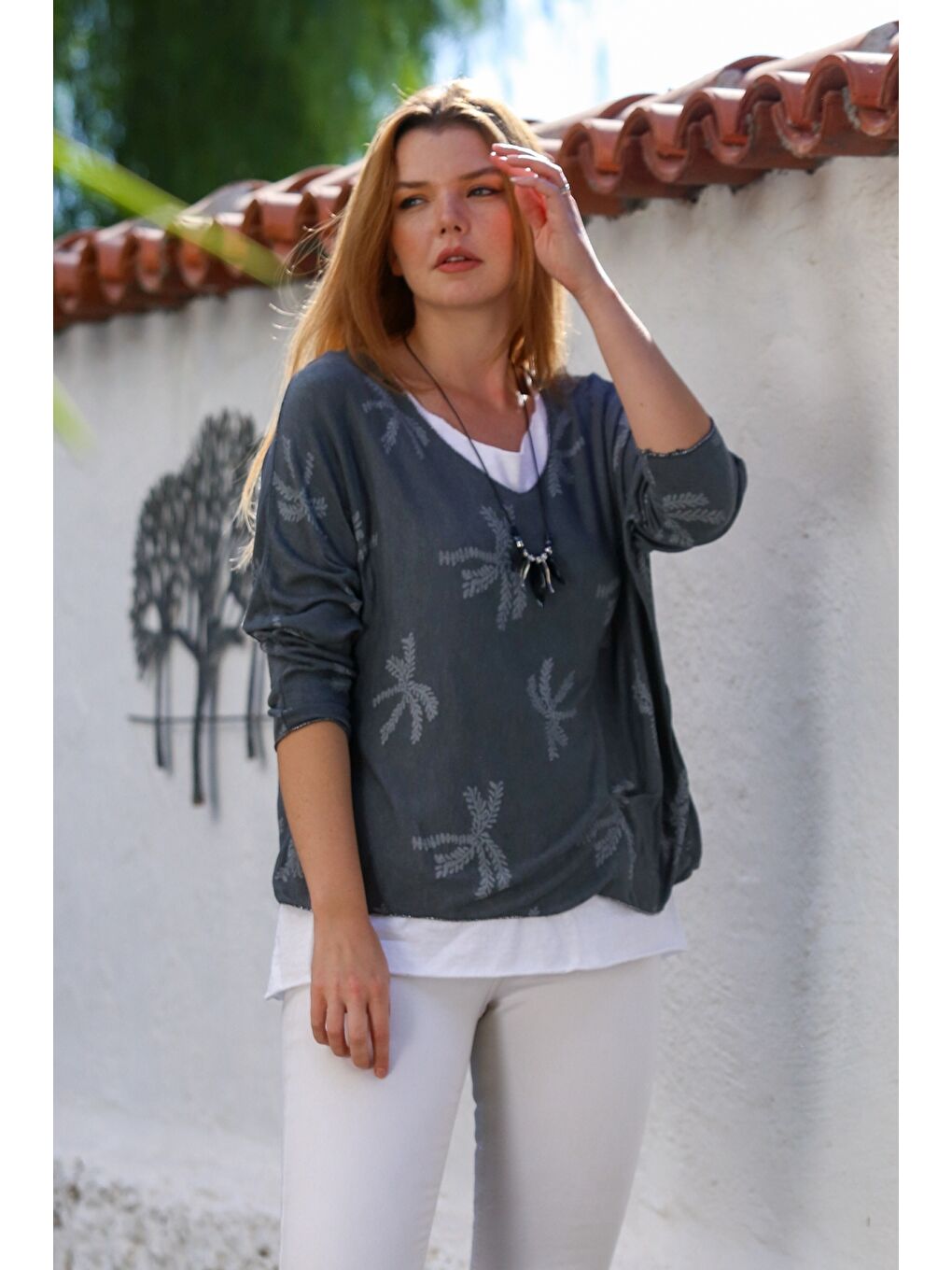 İtalyan Antrasit Havuz Yaka Uzun Kol Desenli İnce İkili Set İçi Kolsuz Penye Triko Bluz 70 60-3