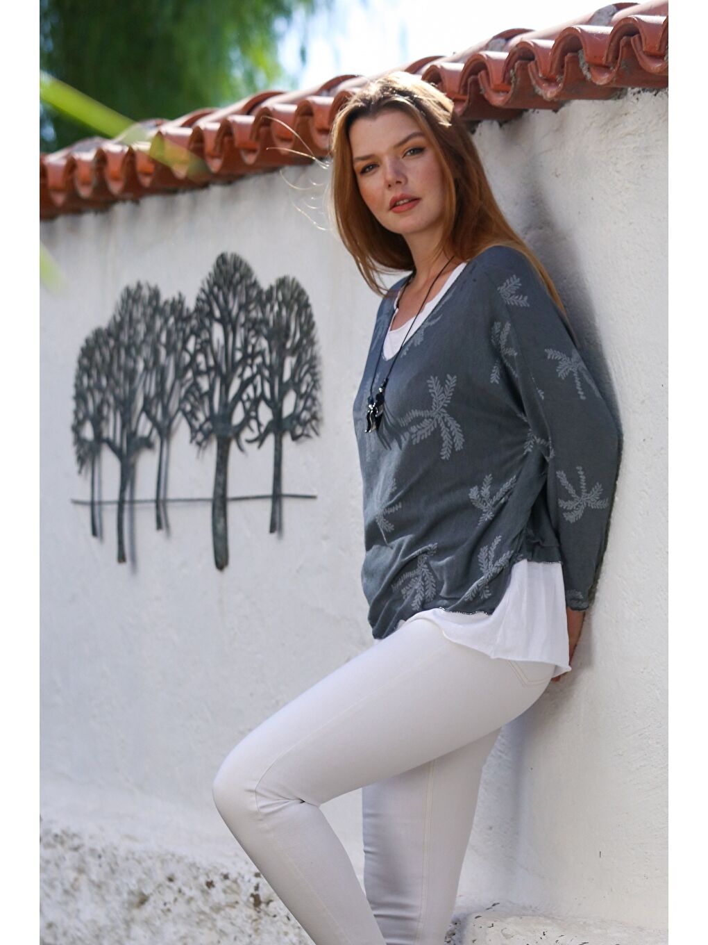 İtalyan Antrasit Havuz Yaka Uzun Kol Desenli İnce İkili Set İçi Kolsuz Penye Triko Bluz 70 60-4