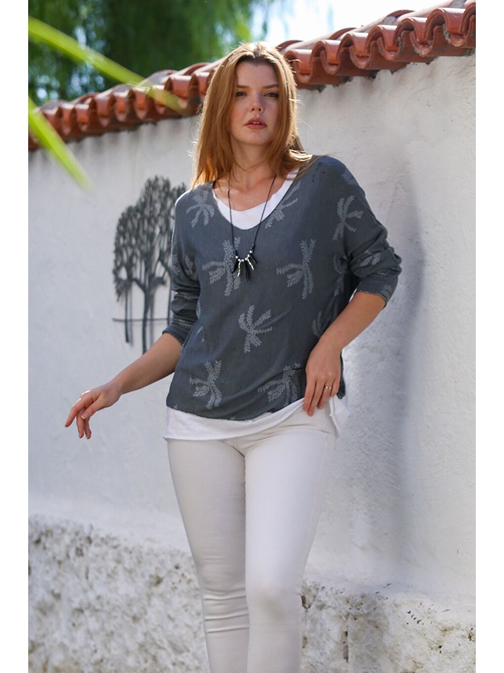 İtalyan Antrasit Havuz Yaka Uzun Kol Desenli İnce İkili Set İçi Kolsuz Penye Triko Bluz 70 60-5