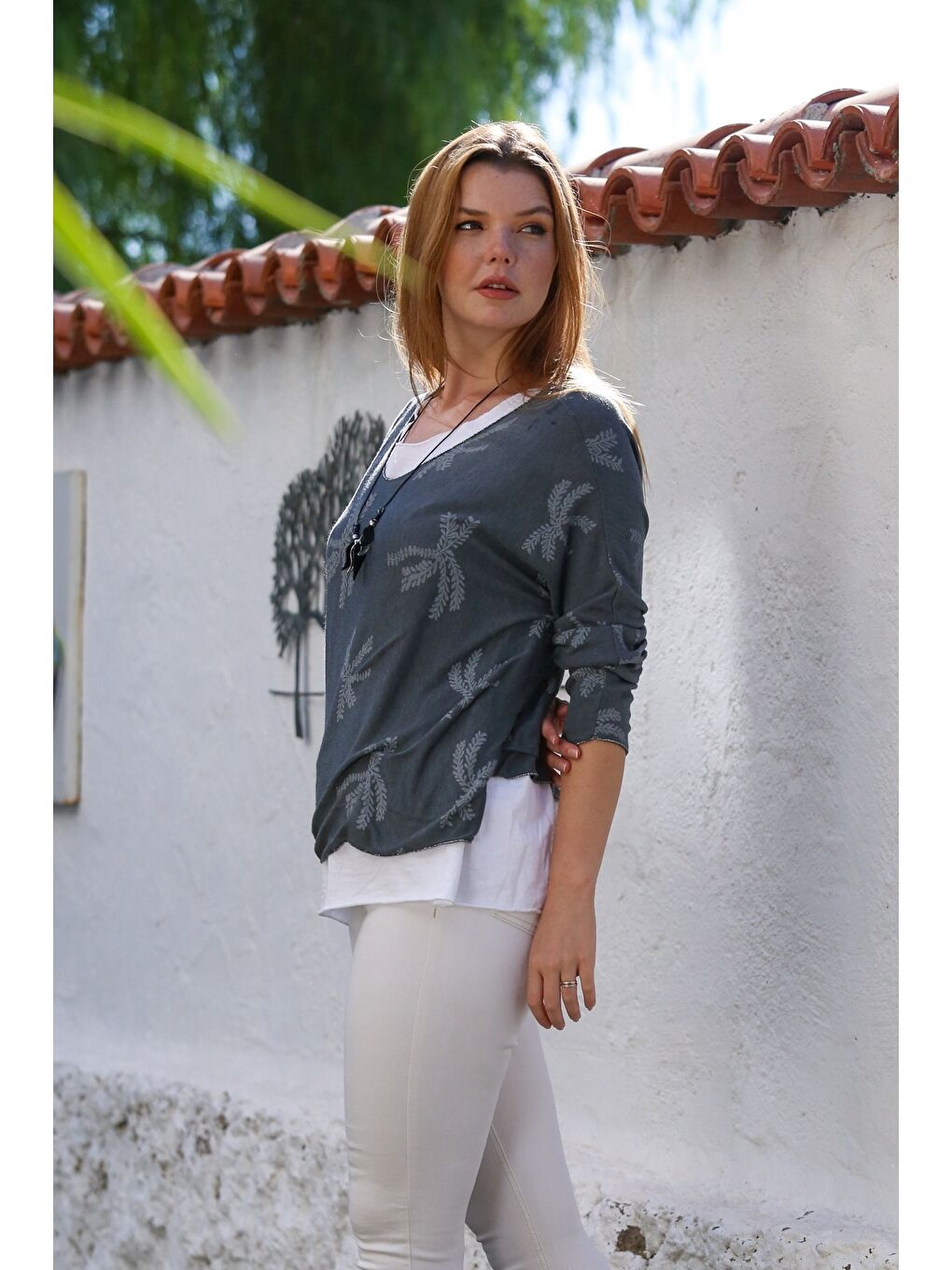 İtalyan Antrasit Havuz Yaka Uzun Kol Desenli İnce İkili Set İçi Kolsuz Penye Triko Bluz 70 60-6