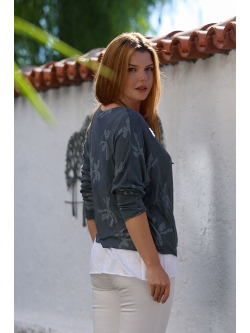 İtalyan Antrasit Havuz Yaka Uzun Kol Desenli İnce İkili Set İçi Kolsuz Penye Triko Bluz 70 60-7