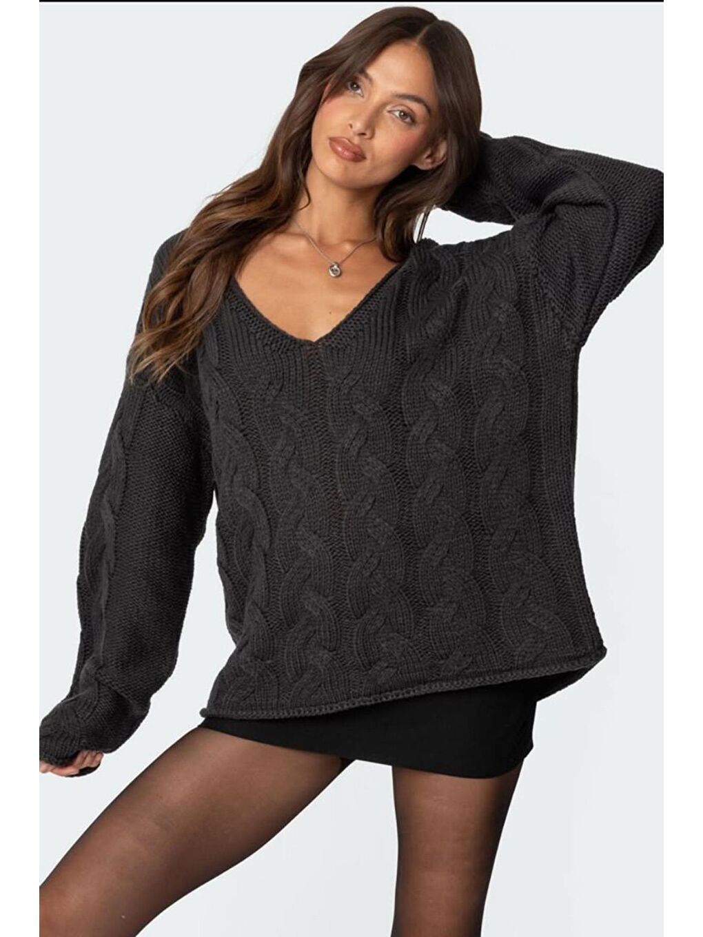 Antrasit V Yaka Örgü Desen Oversize Kadın Kazak Mg2519-6