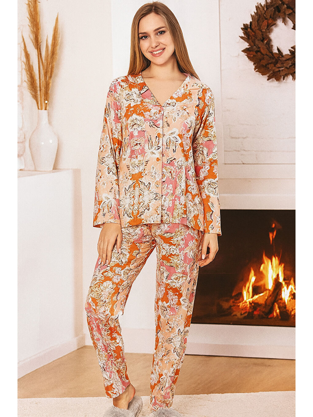 Pembe Kadın Çiçek Desen Yumuşak Doku Marla Pijama Takımı 0485 Pudra