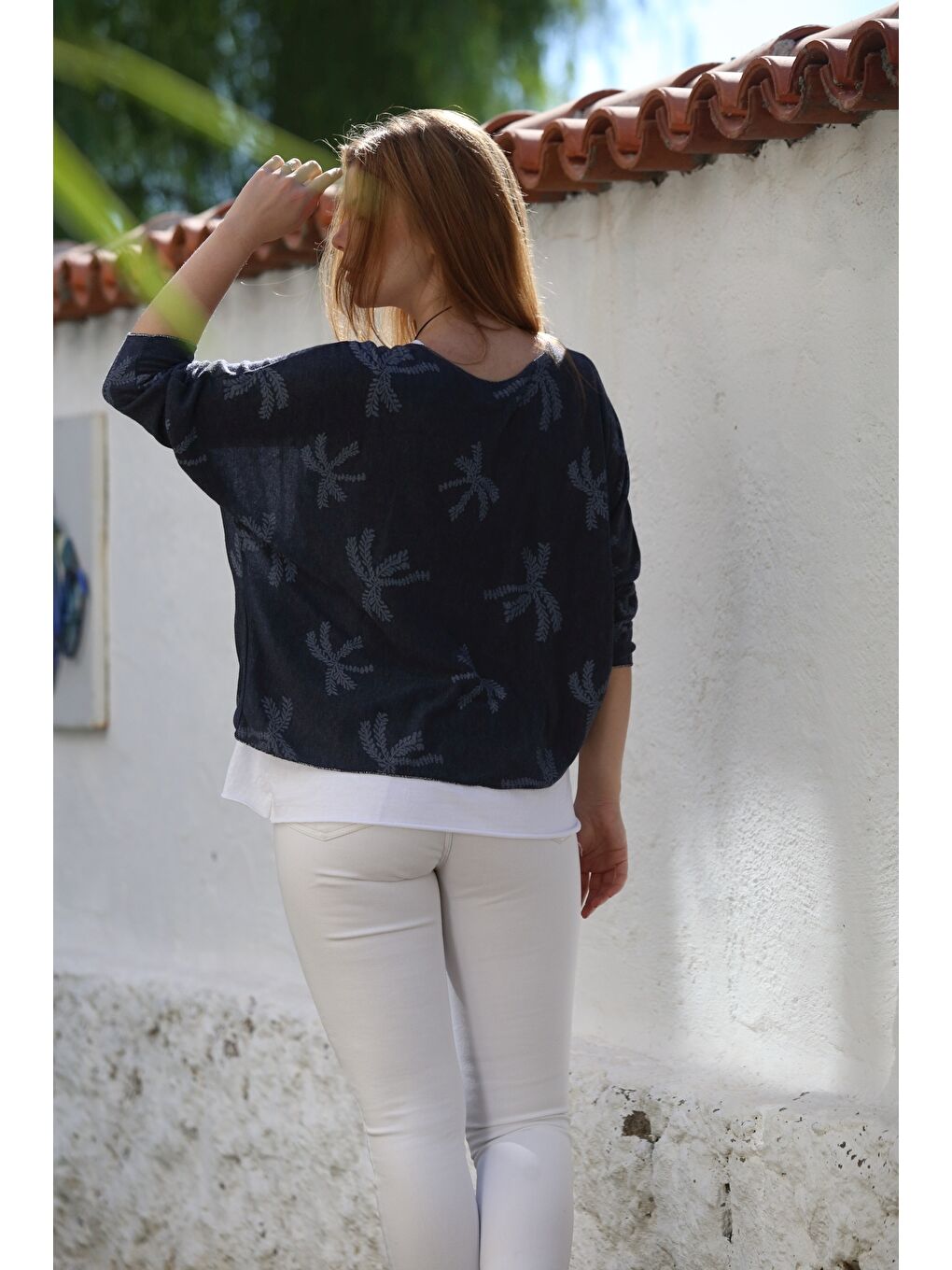 İtalyan Lacivert Havuz Yaka Uzun Kol Desenli İnce İkili Set İçi Kolsuz Penye Triko Bluz 70 60-1