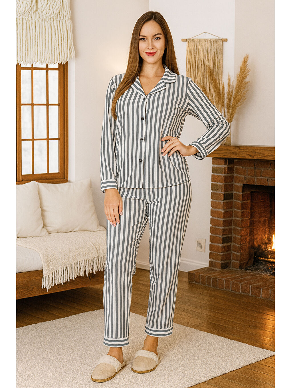 Kadın Çizgili Desen Suprem Önü Düğmeli Pijama Takımı 0495 Antrasit