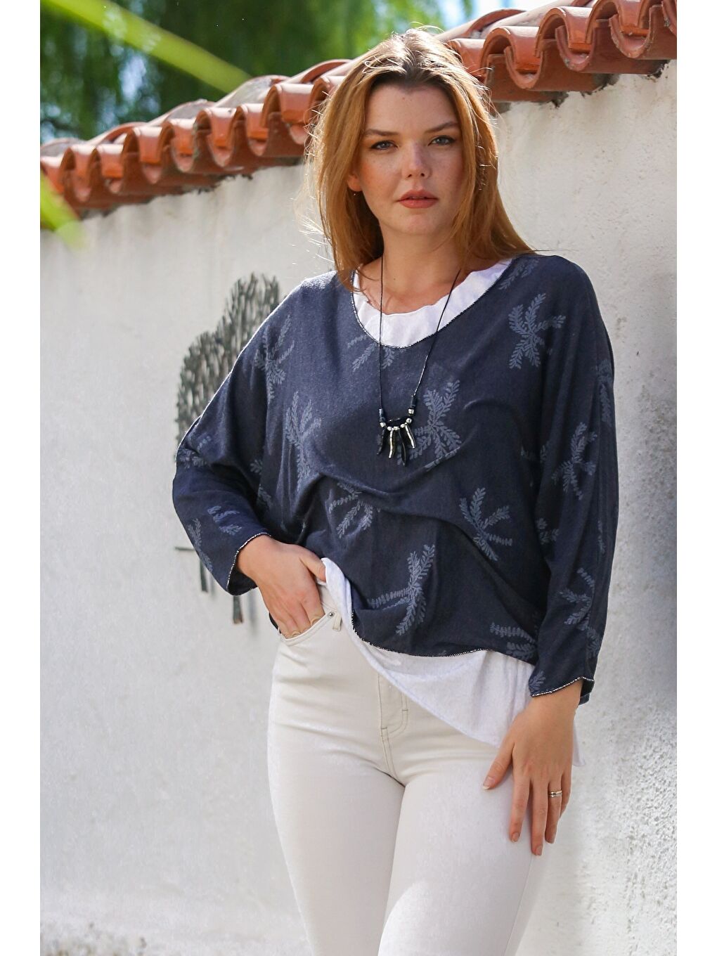 İtalyan Lacivert Havuz Yaka Uzun Kol Desenli İnce İkili Set İçi Kolsuz Penye Triko Bluz 70 60-2