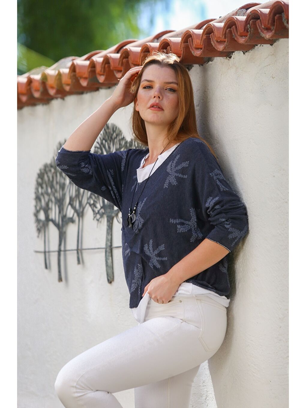 İtalyan Lacivert Havuz Yaka Uzun Kol Desenli İnce İkili Set İçi Kolsuz Penye Triko Bluz 70 60-3