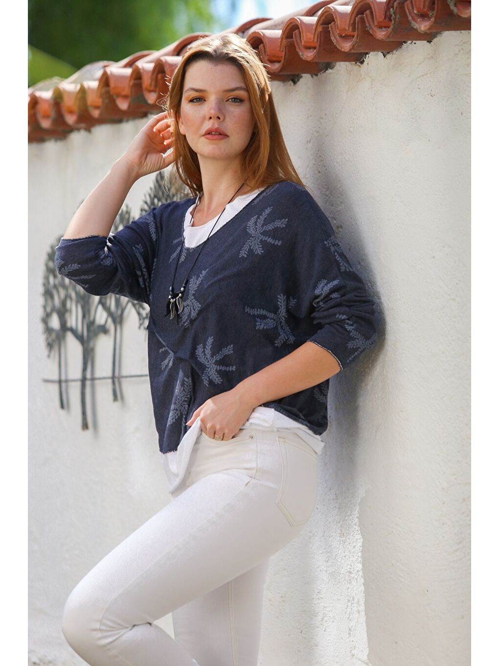 İtalyan Lacivert Havuz Yaka Uzun Kol Desenli İnce İkili Set İçi Kolsuz Penye Triko Bluz 70 60-5