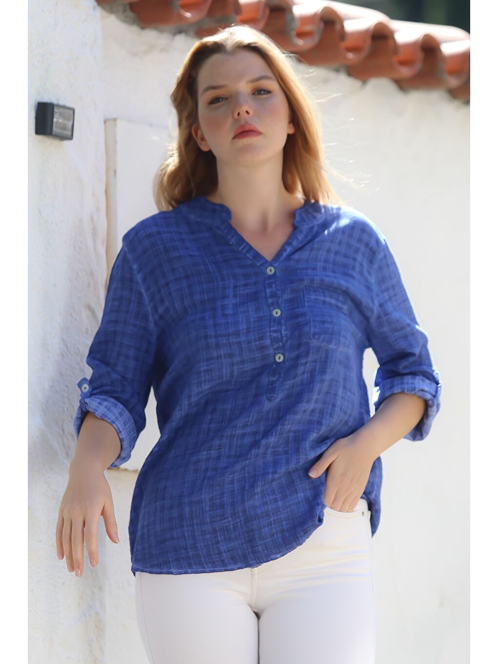 Organik Pamuk Jean Mavisi Hakim Yaka Düğmeli Uzun Kollu Dokulu Tek Cepli Yıkamalı Dokuma Bluz 70 60-5