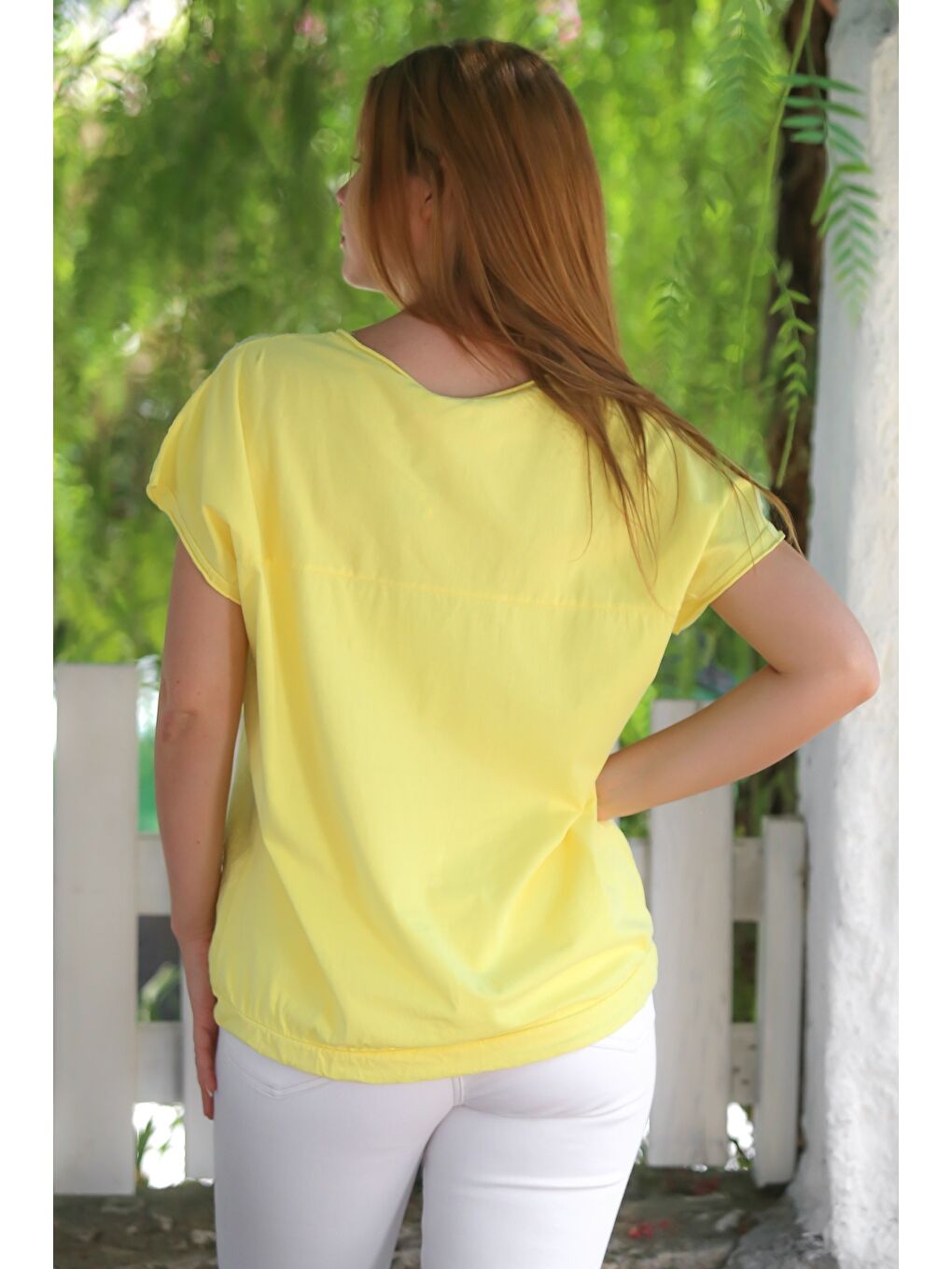 İtalyan Sarı Yuvarlak Yaka Düşük Kol Bağlamalı Allover Nakışlı Pamuklu Dokuma Bluz 68 65-1