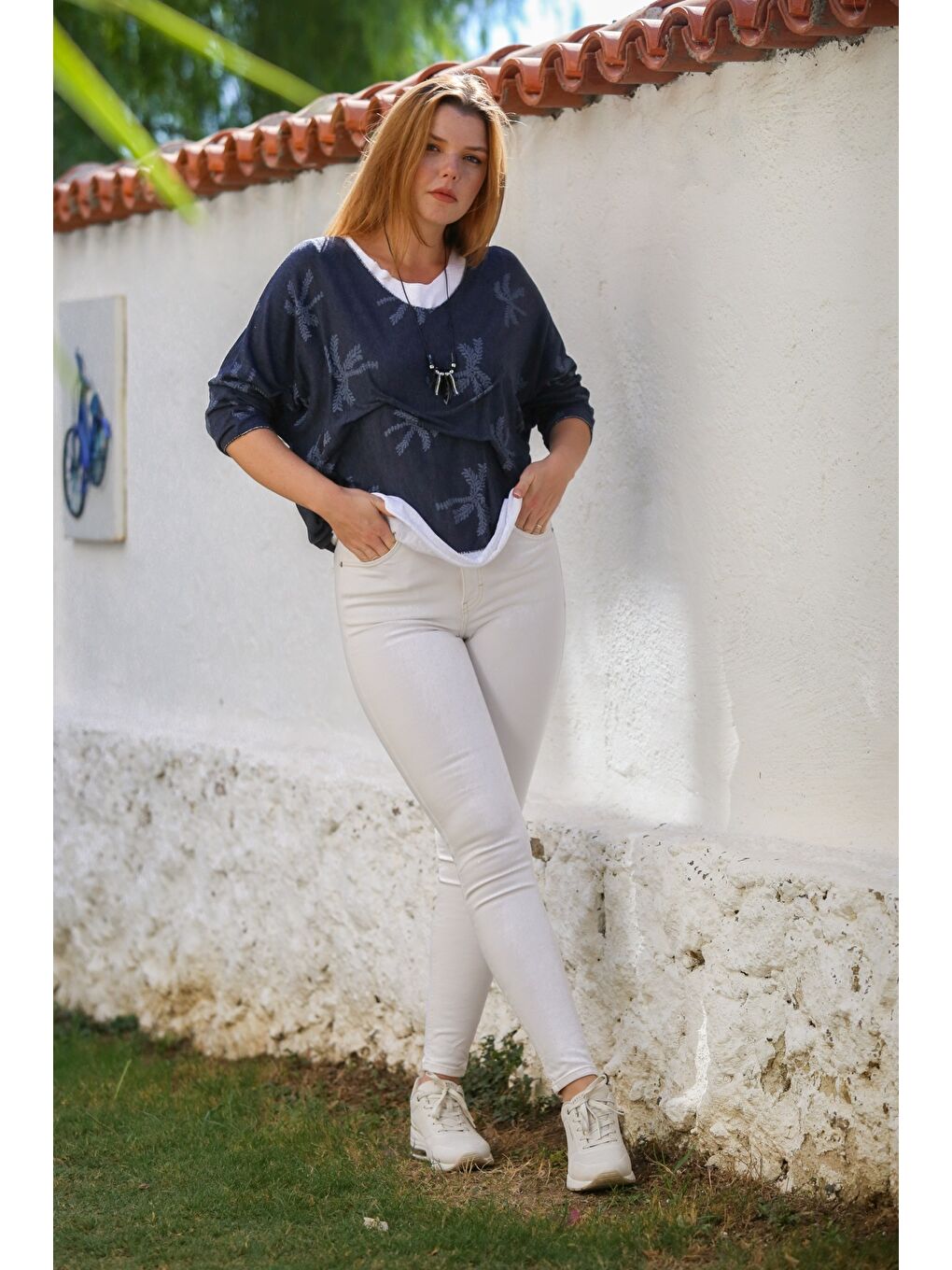 İtalyan Lacivert Havuz Yaka Uzun Kol Desenli İnce İkili Set İçi Kolsuz Penye Triko Bluz 70 60-6