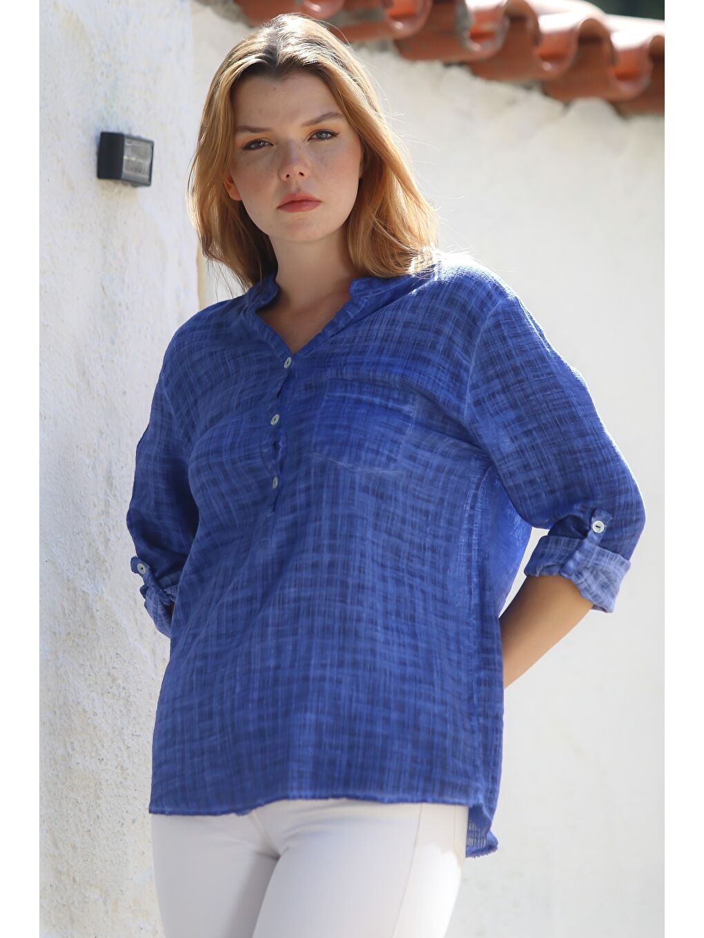 Organik Pamuk Jean Mavisi Hakim Yaka Düğmeli Uzun Kollu Dokulu Tek Cepli Yıkamalı Dokuma Bluz 70 60-6