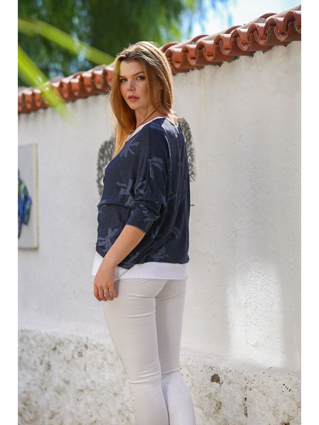 İtalyan Lacivert Havuz Yaka Uzun Kol Desenli İnce İkili Set İçi Kolsuz Penye Triko Bluz 70 60-7