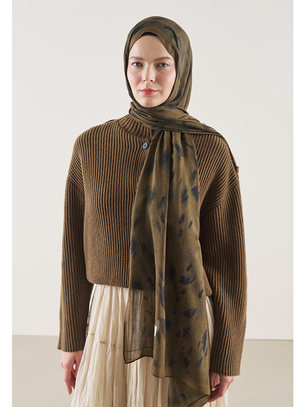 Kahverengi Kahve Leopard Desen Rami Şal-5
