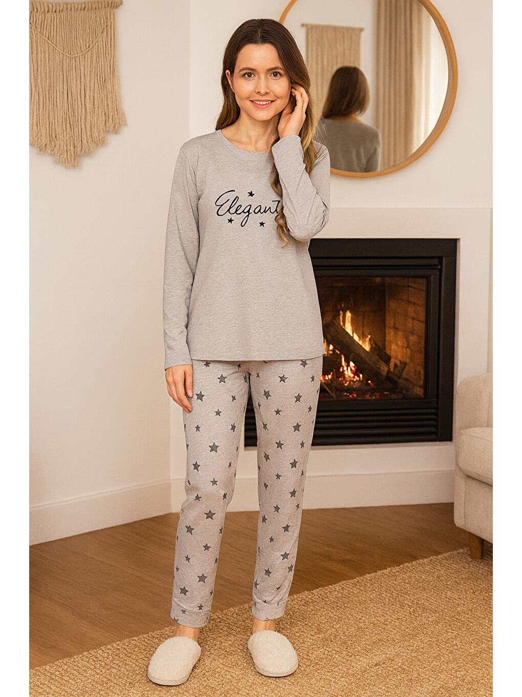 Gri Kadın Yıldız Desen Suprem Pijama Takımı 0349 Füme-1
