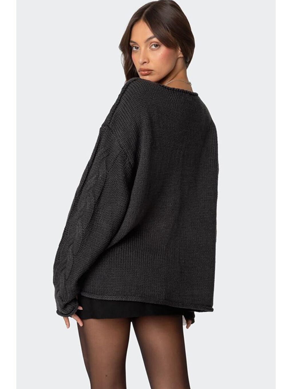 Antrasit V Yaka Örgü Desen Oversize Kadın Kazak Mg2519-7