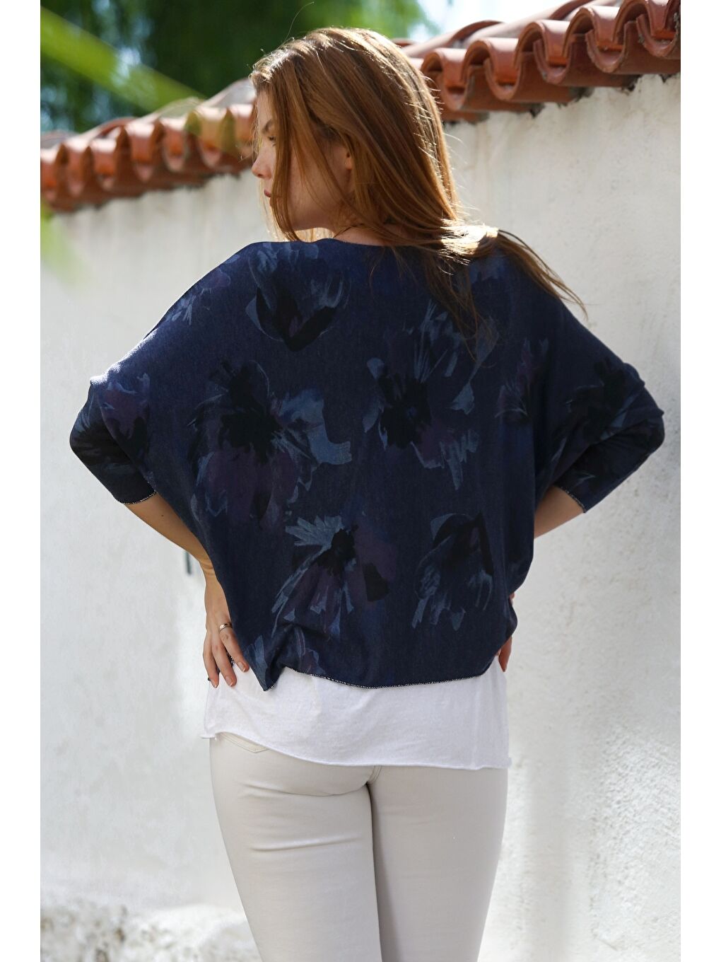 İtalyan Lacivert Havuz Yaka Uzun Kol Desenli İnce İkili Set İçi Kolsuz Penye Triko Bluz 70 60-1