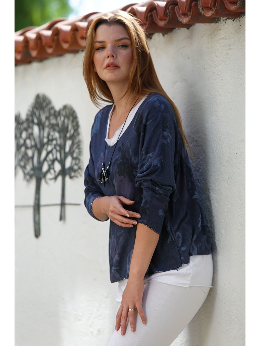 İtalyan Lacivert Havuz Yaka Uzun Kol Desenli İnce İkili Set İçi Kolsuz Penye Triko Bluz 70 60-2