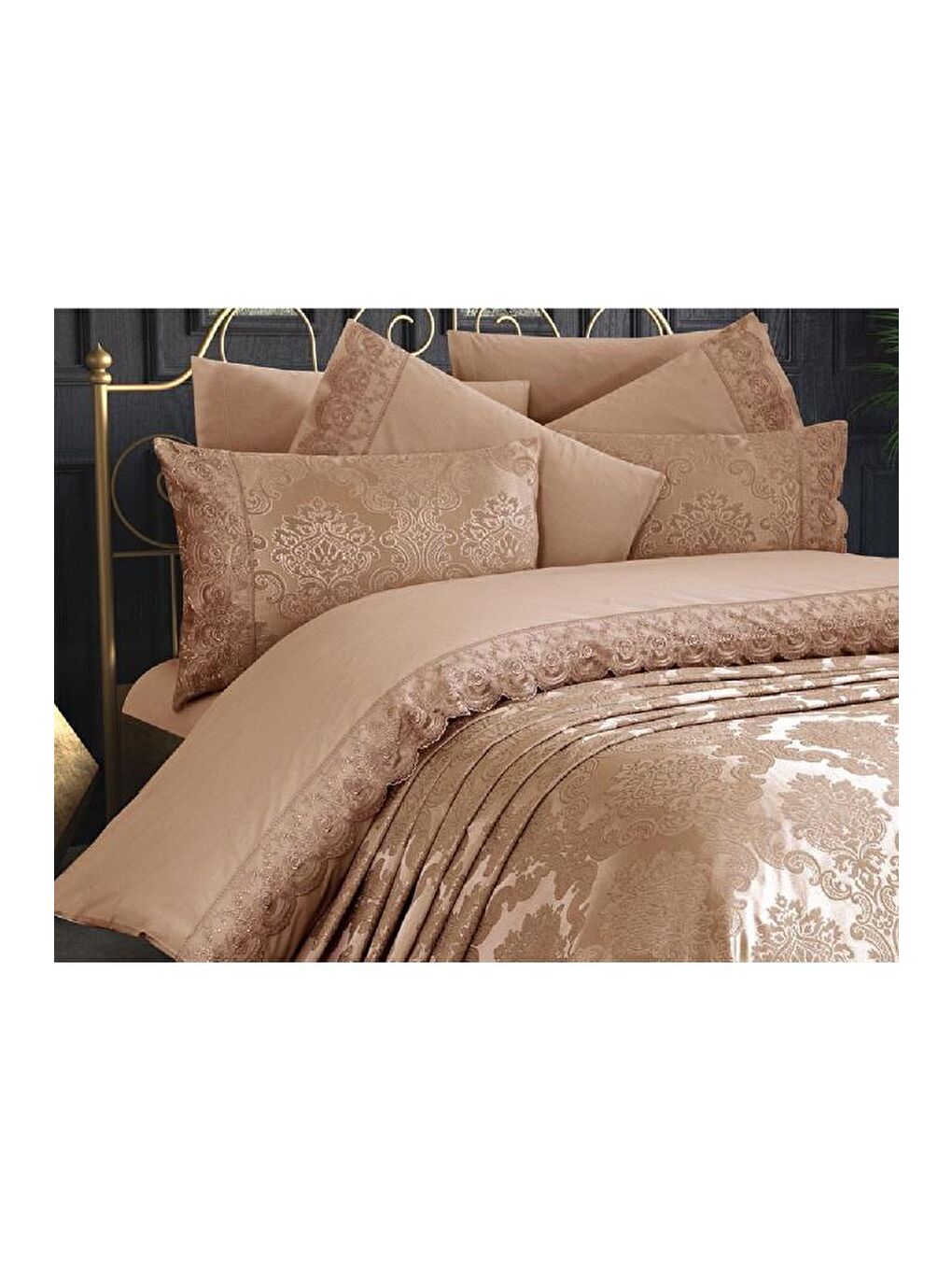 Karışık Fransız Dantelli Kure Yatak Örtüsü Cappucino-4