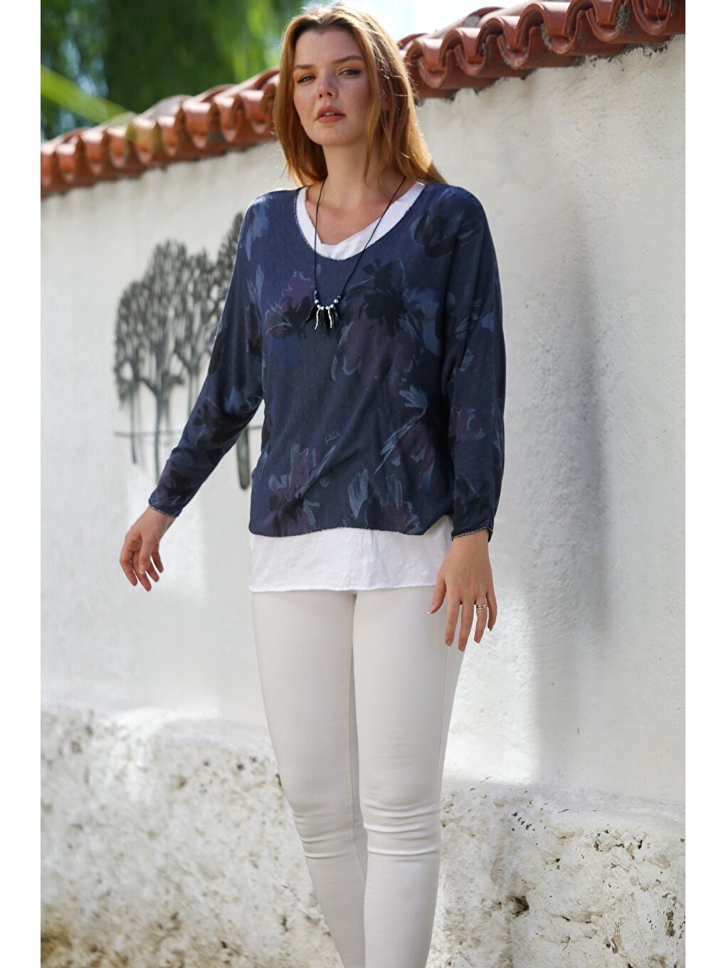 İtalyan Lacivert Havuz Yaka Uzun Kol Desenli İnce İkili Set İçi Kolsuz Penye Triko Bluz 70 60-3