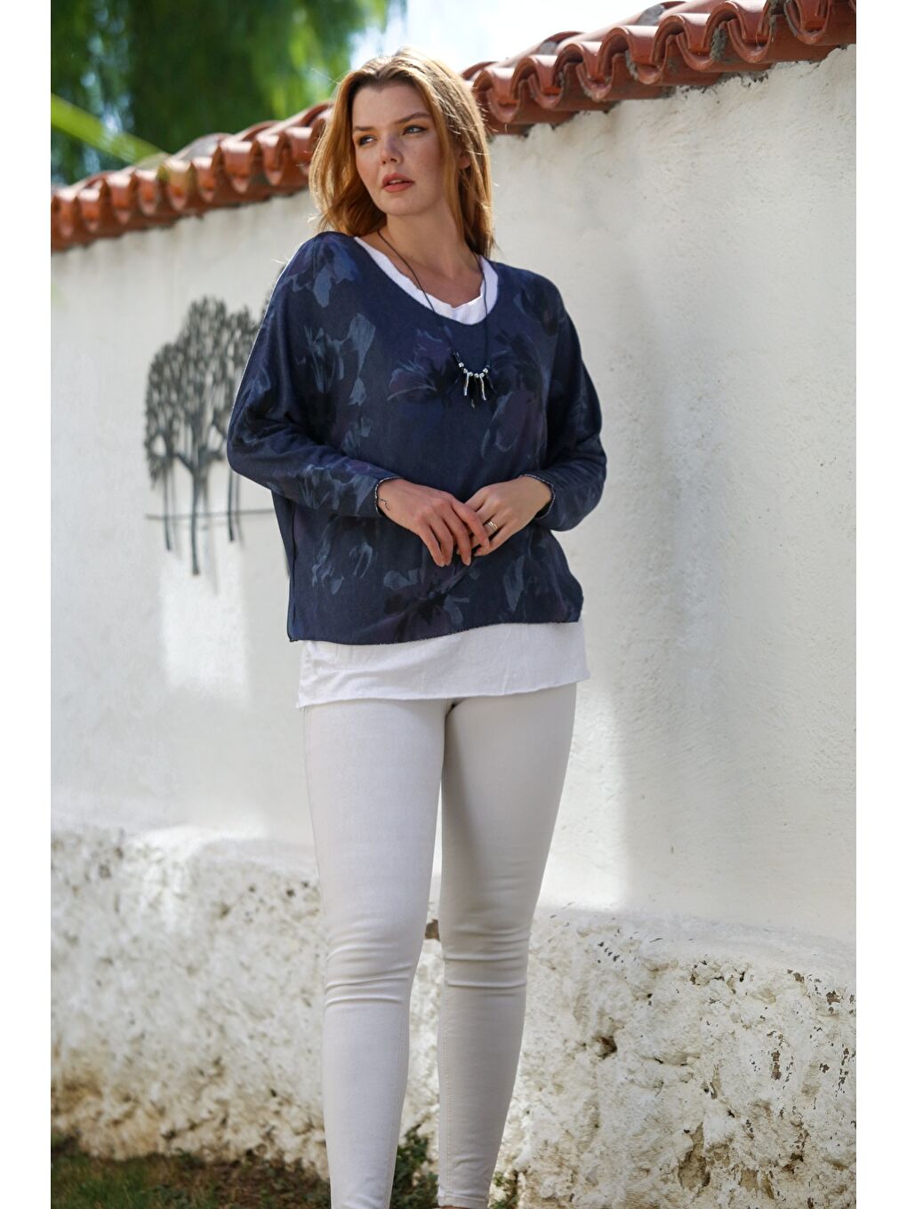 İtalyan Lacivert Havuz Yaka Uzun Kol Desenli İnce İkili Set İçi Kolsuz Penye Triko Bluz 70 60-4