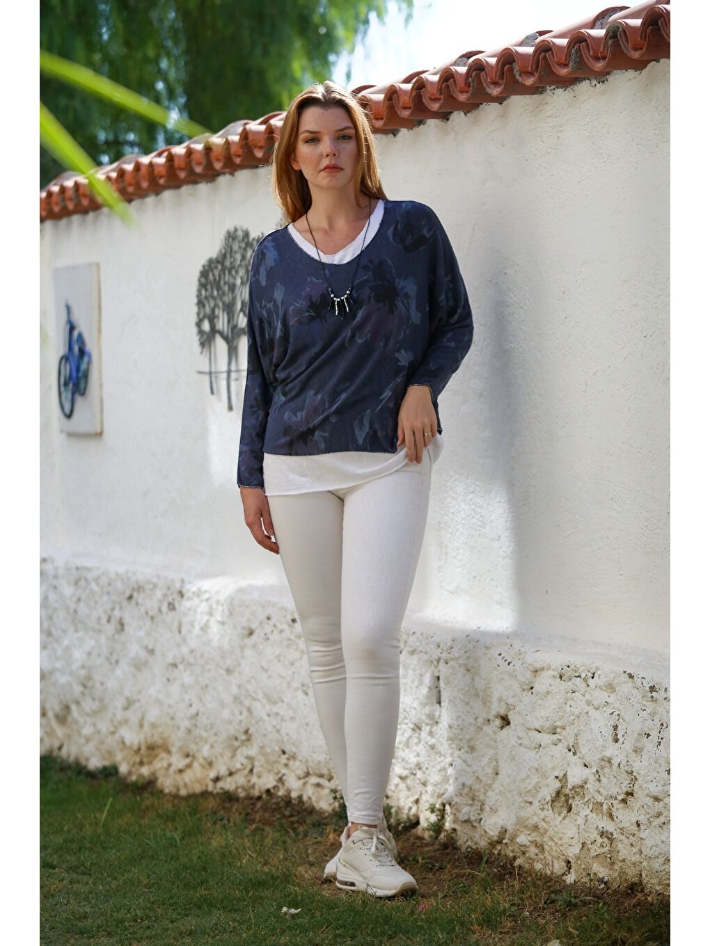 İtalyan Lacivert Havuz Yaka Uzun Kol Desenli İnce İkili Set İçi Kolsuz Penye Triko Bluz 70 60-5