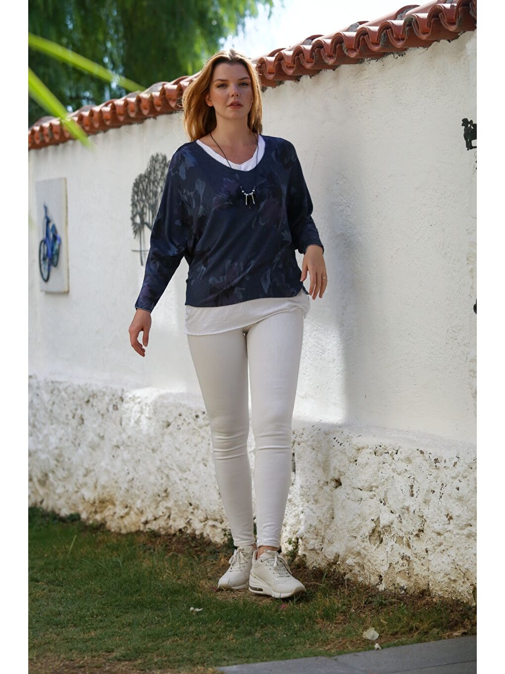 İtalyan Lacivert Havuz Yaka Uzun Kol Desenli İnce İkili Set İçi Kolsuz Penye Triko Bluz 70 60-6