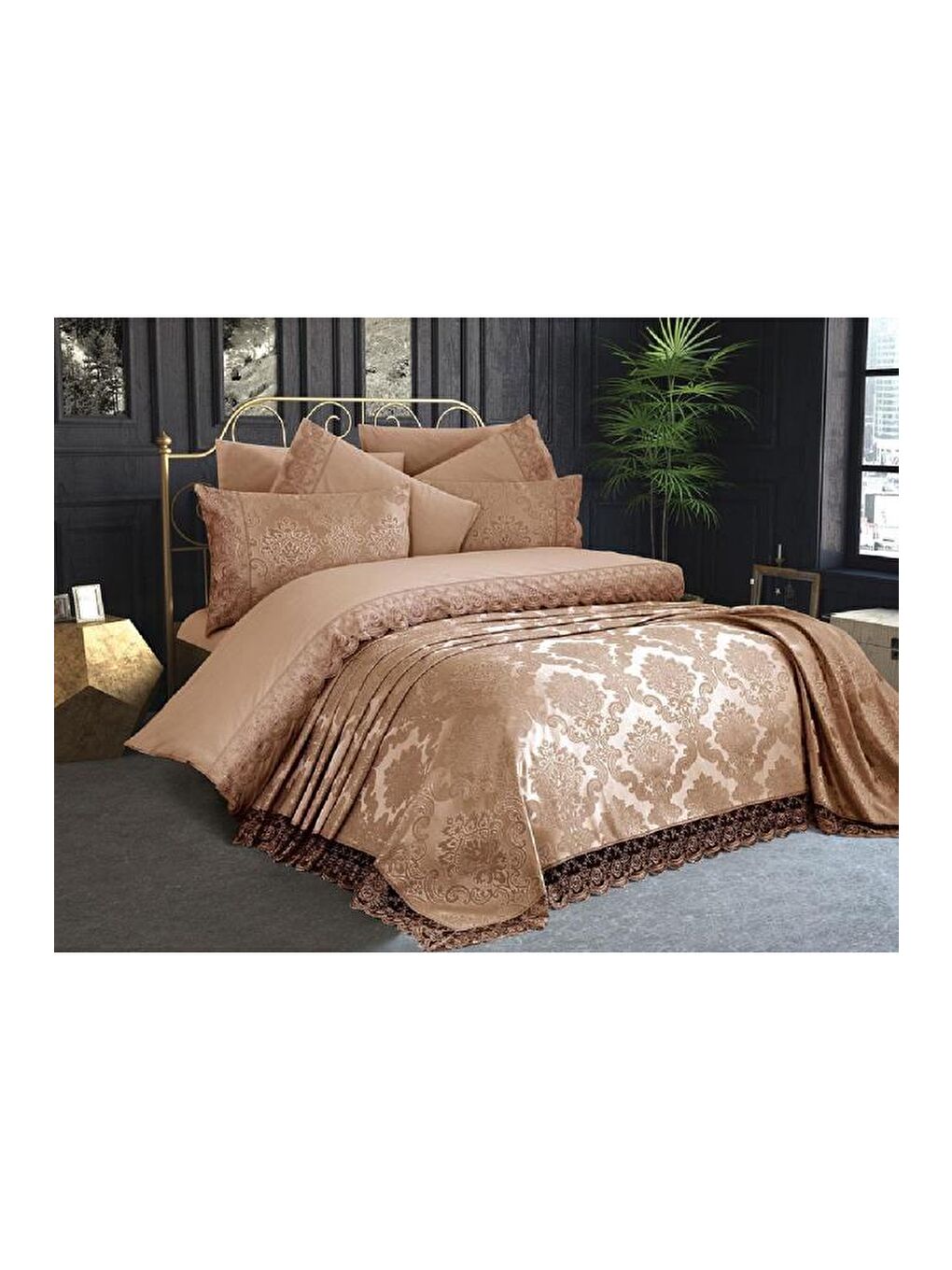 Karışık Fransız Dantelli Kure Yatak Örtüsü Cappucino-6
