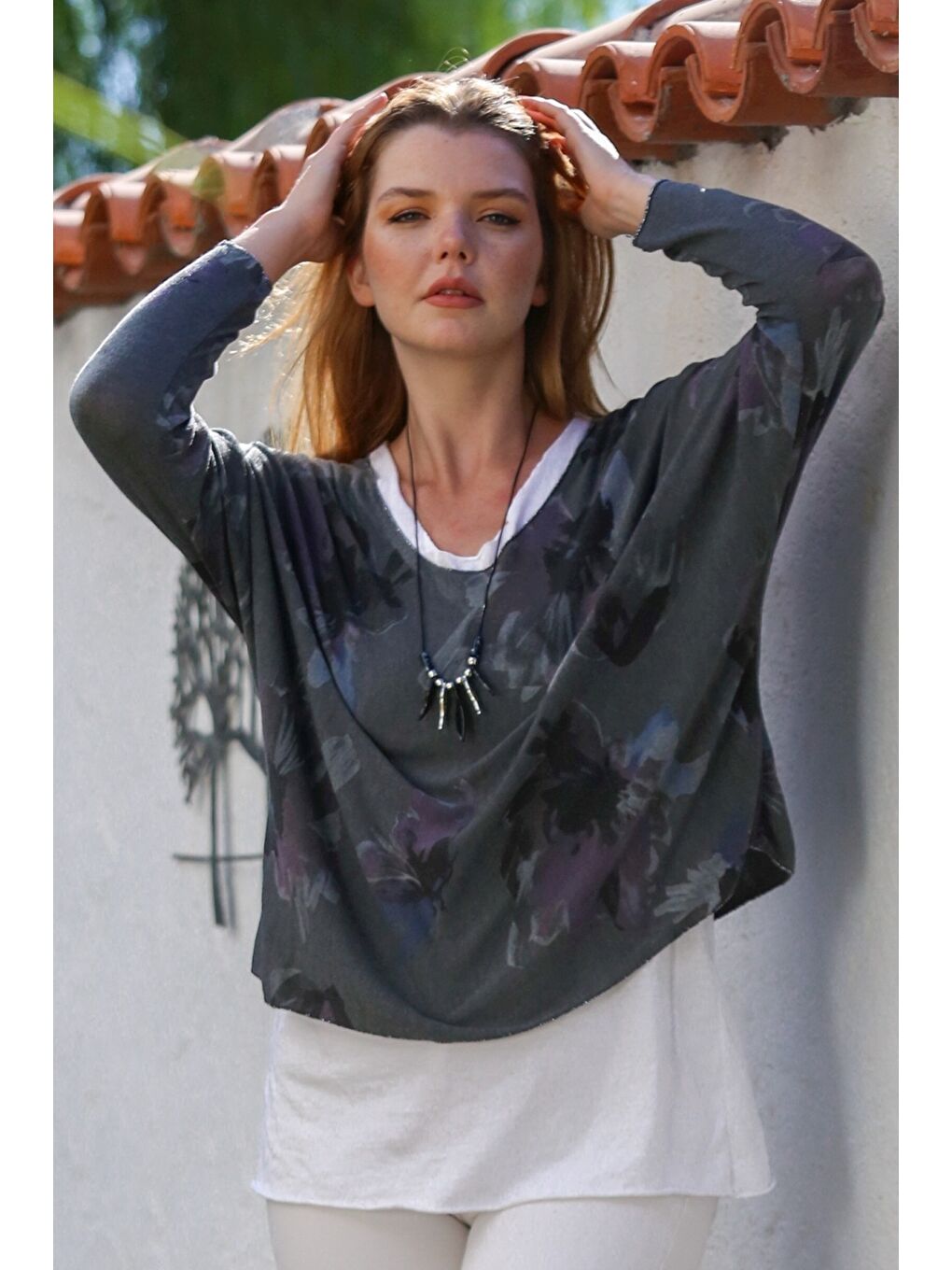 İtalyan Antrasit Havuz Yaka Uzun Kol Desenli İnce İkili Set İçi Kolsuz Penye Triko Bluz 70 60