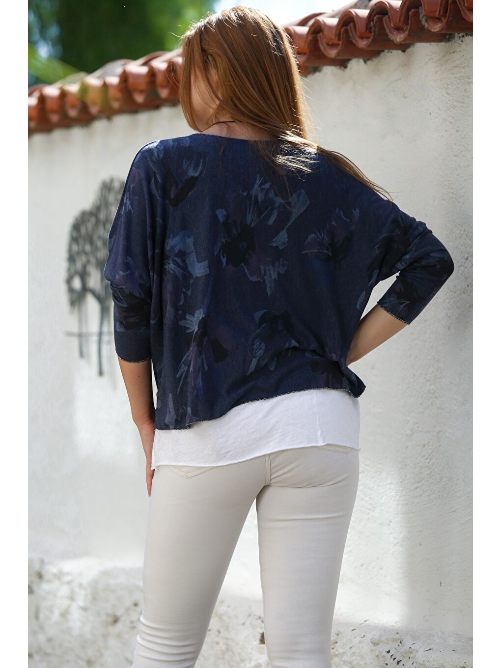 İtalyan Lacivert Havuz Yaka Uzun Kol Desenli İnce İkili Set İçi Kolsuz Penye Triko Bluz 70 60-7