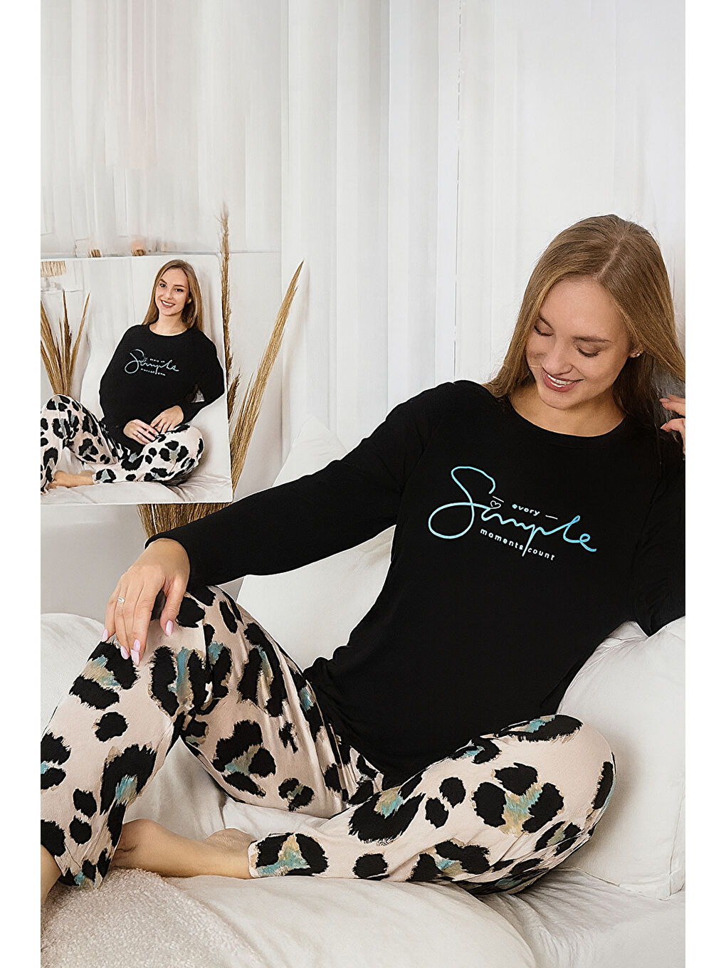 Kadın Desenli Saphire Pijama Takımı 0486 Siyah05-3