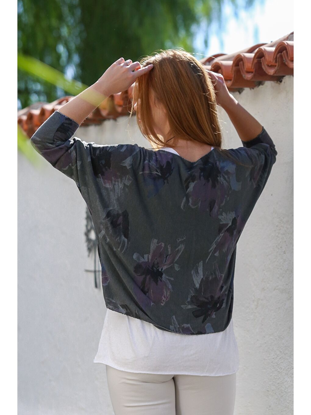 İtalyan Antrasit Havuz Yaka Uzun Kol Desenli İnce İkili Set İçi Kolsuz Penye Triko Bluz 70 60-1