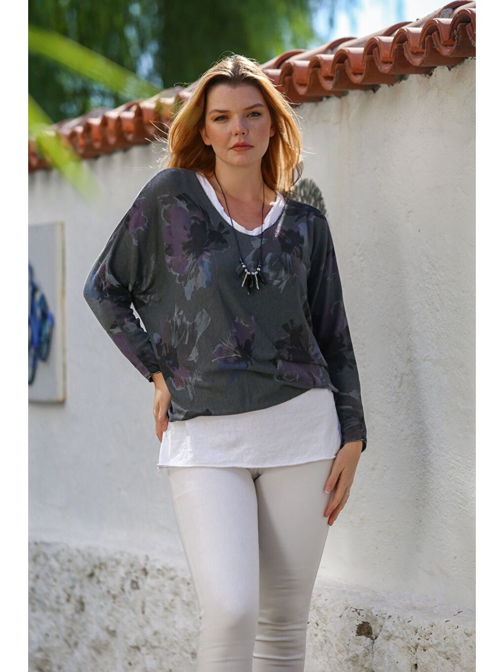 İtalyan Antrasit Havuz Yaka Uzun Kol Desenli İnce İkili Set İçi Kolsuz Penye Triko Bluz 70 60-2