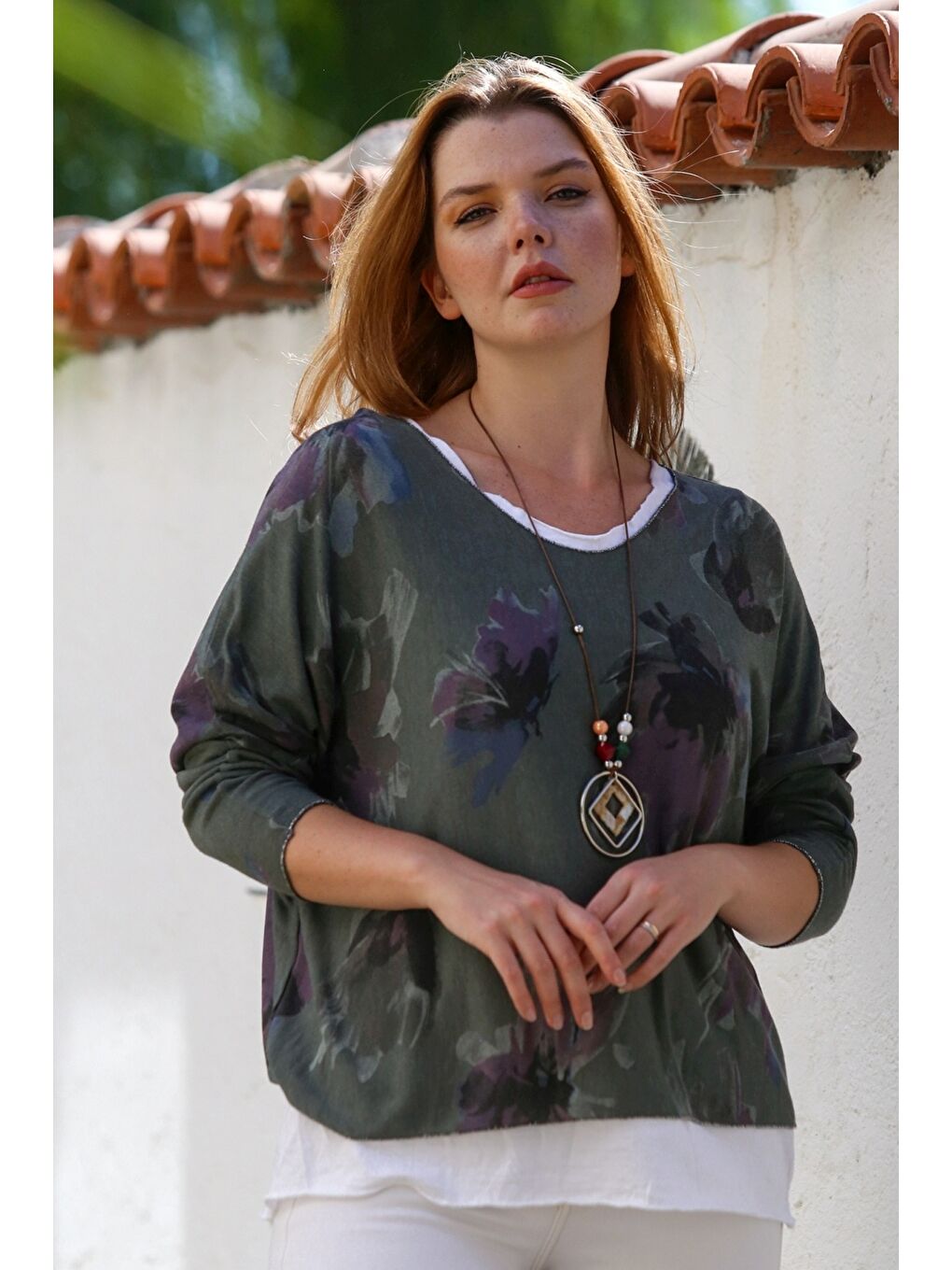 İtalyan Haki Havuz Yaka Uzun Kol Desenli İnce İkili Set İçi Kolsuz Penye Triko Bluz 70 60