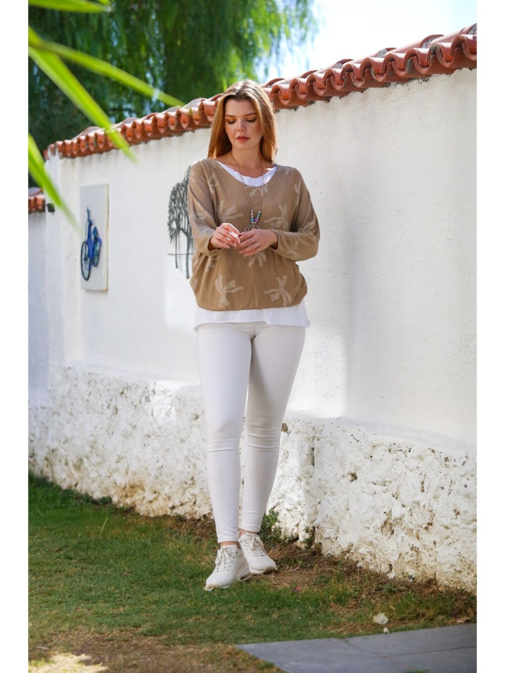 Kahverengi İtalyan Camel Havuz Yaka Uzun Kol Desenli İnce İkili Set İçi Kolsuz Penye Triko Bluz 70 60-5