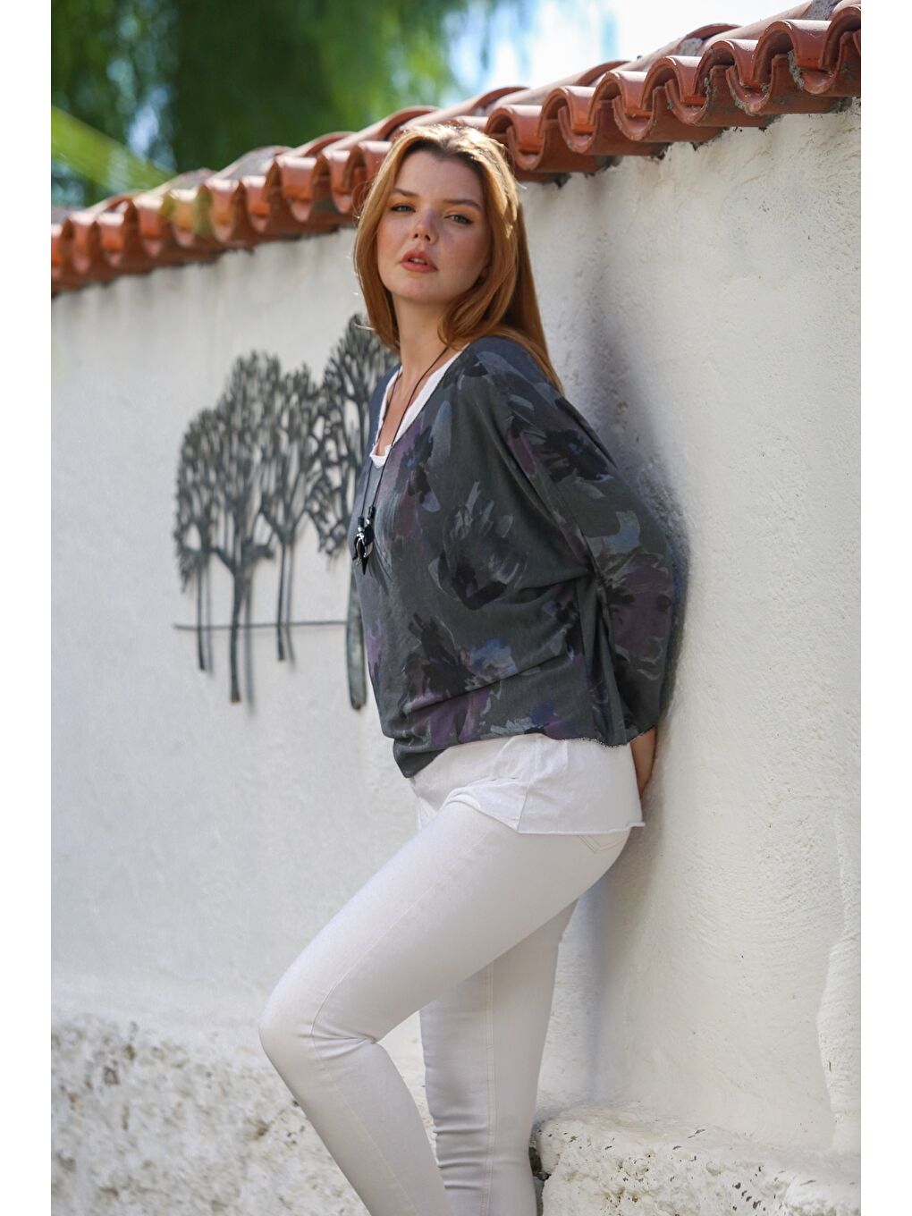 İtalyan Antrasit Havuz Yaka Uzun Kol Desenli İnce İkili Set İçi Kolsuz Penye Triko Bluz 70 60-3