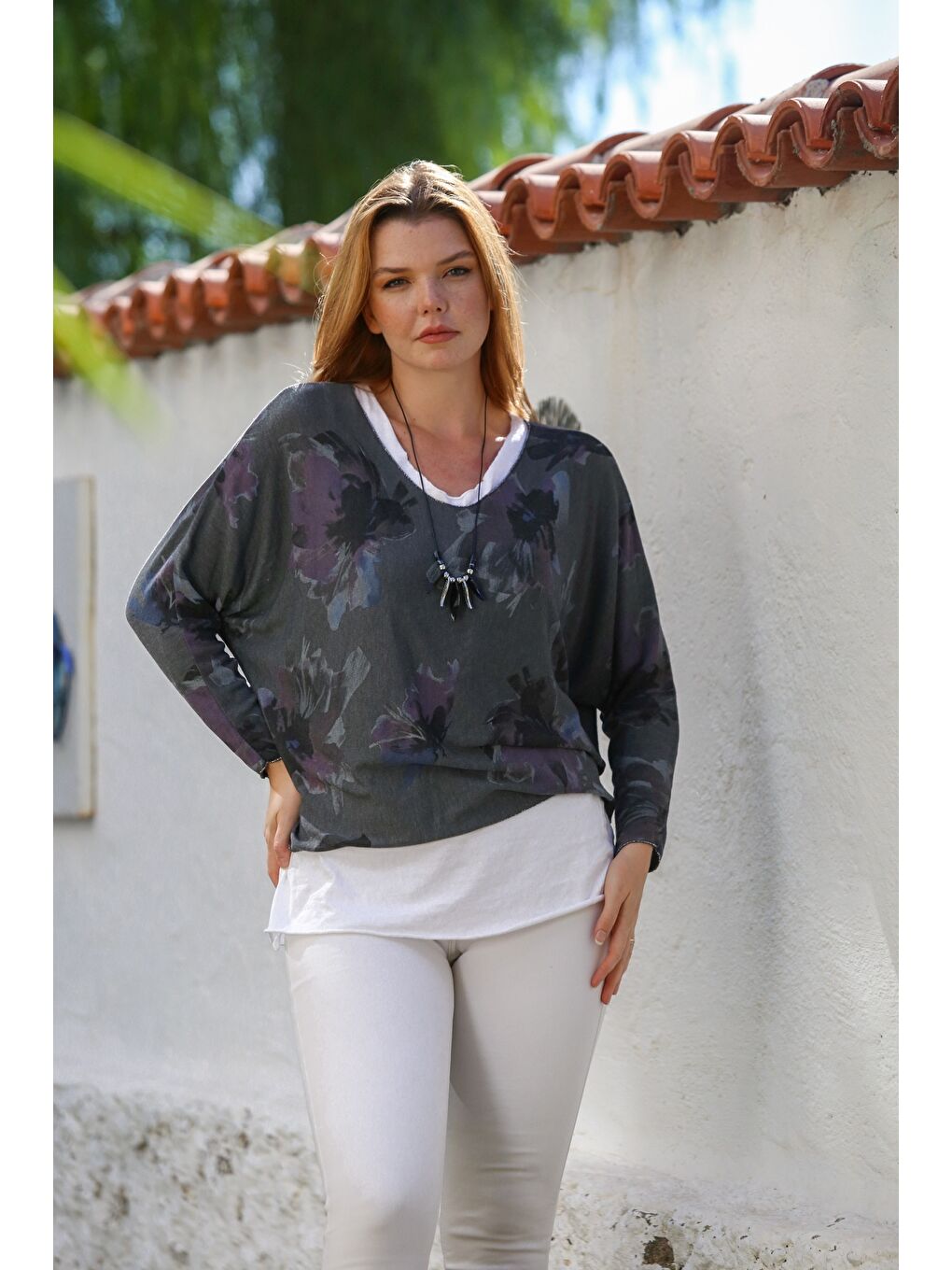 İtalyan Antrasit Havuz Yaka Uzun Kol Desenli İnce İkili Set İçi Kolsuz Penye Triko Bluz 70 60-4