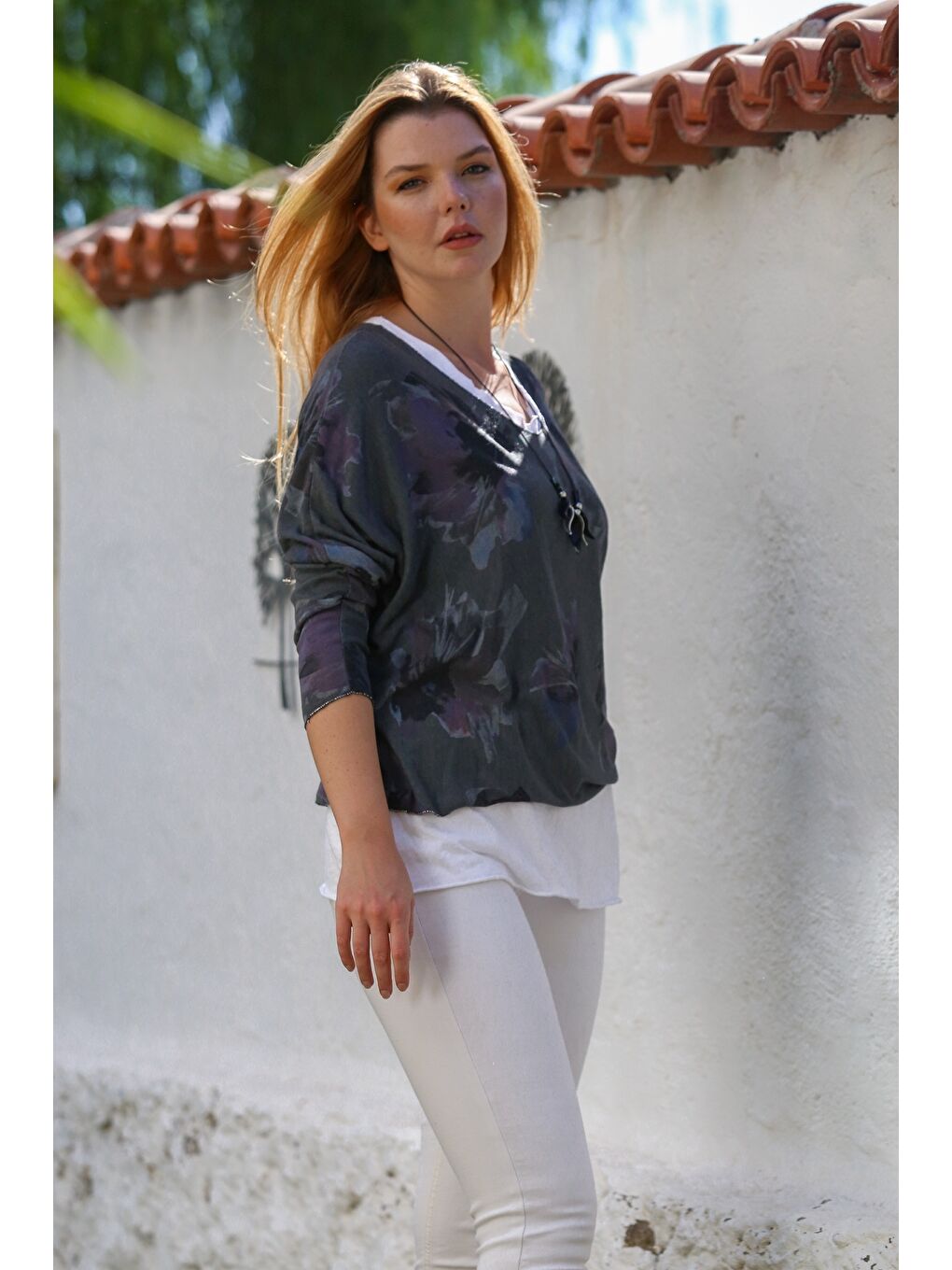 İtalyan Antrasit Havuz Yaka Uzun Kol Desenli İnce İkili Set İçi Kolsuz Penye Triko Bluz 70 60-5