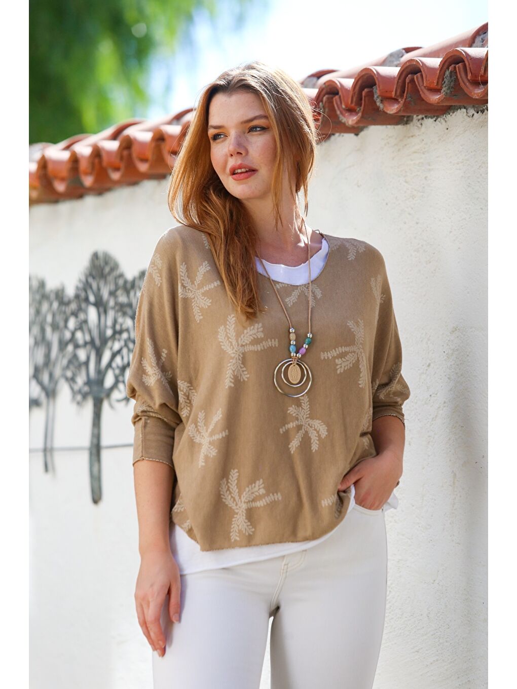 Kahverengi İtalyan Camel Havuz Yaka Uzun Kol Desenli İnce İkili Set İçi Kolsuz Penye Triko Bluz 70 60-7