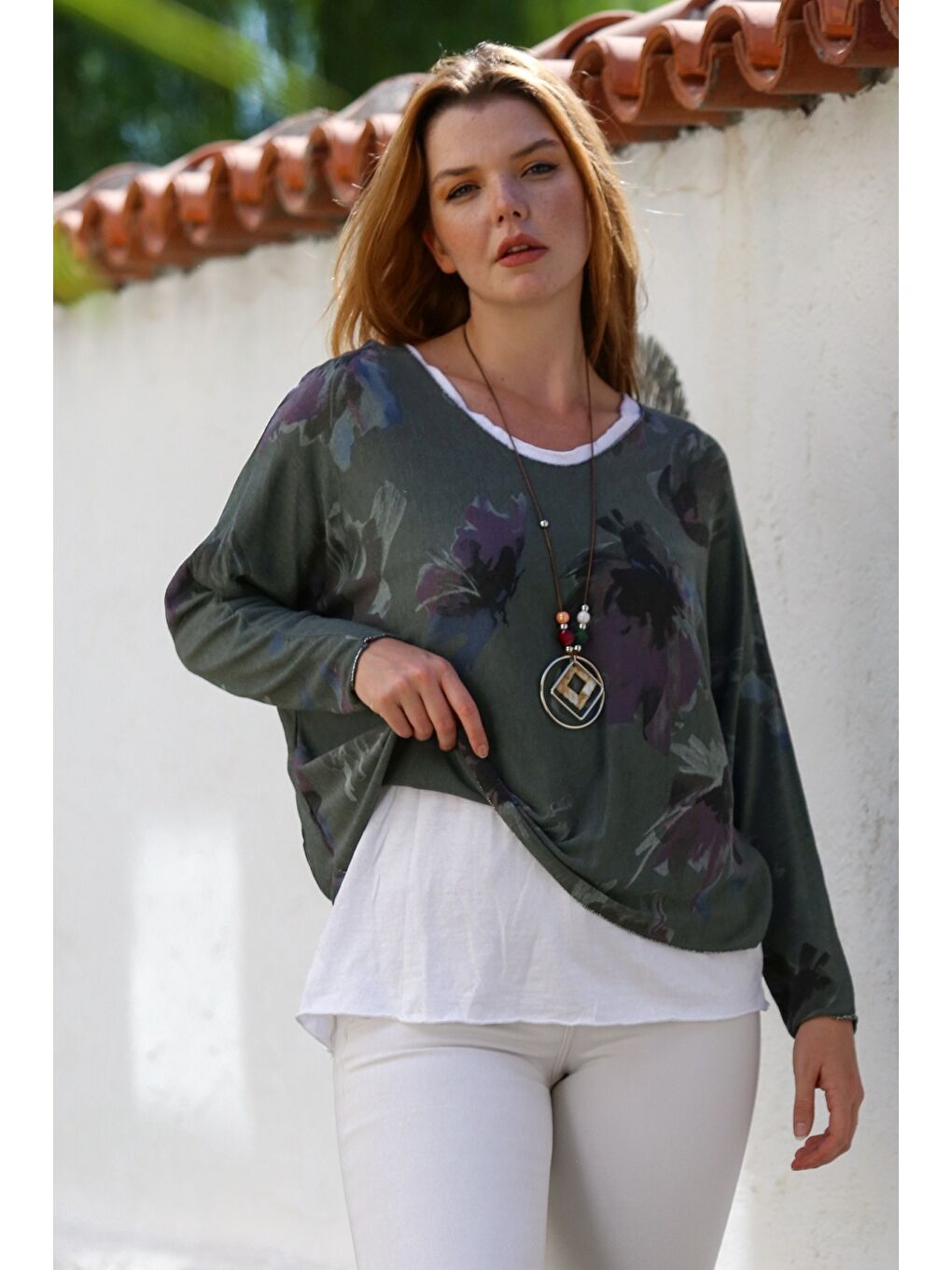 İtalyan Haki Havuz Yaka Uzun Kol Desenli İnce İkili Set İçi Kolsuz Penye Triko Bluz 70 60-2