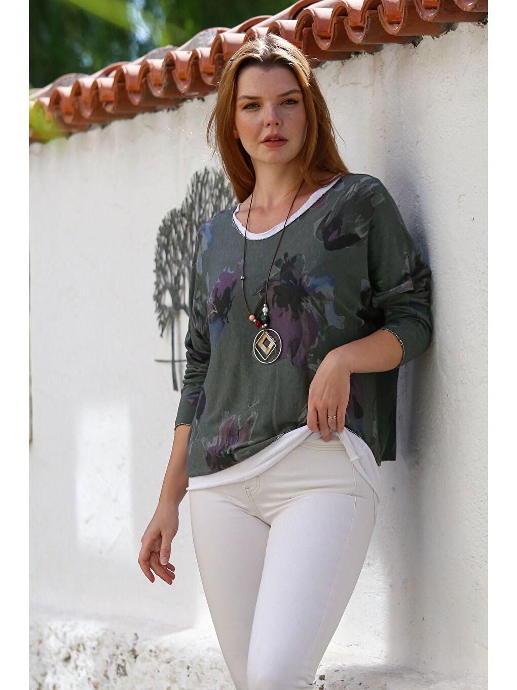 İtalyan Haki Havuz Yaka Uzun Kol Desenli İnce İkili Set İçi Kolsuz Penye Triko Bluz 70 60-3