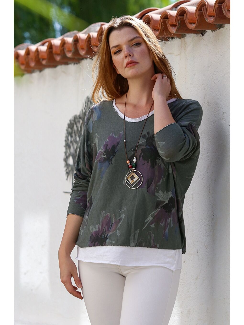 İtalyan Haki Havuz Yaka Uzun Kol Desenli İnce İkili Set İçi Kolsuz Penye Triko Bluz 70 60-4