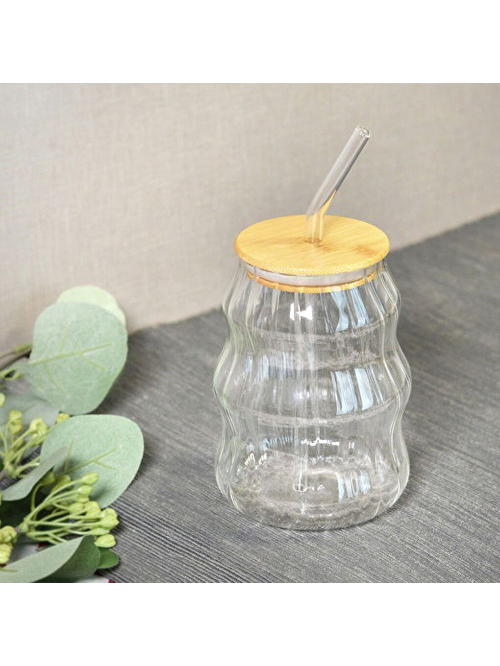 Bambu Kapaklı Pipetli Çizgili Bardak - Açık Kahverengi / Şeffaf - 450 ml-1