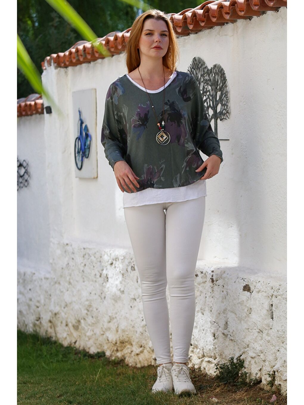 İtalyan Haki Havuz Yaka Uzun Kol Desenli İnce İkili Set İçi Kolsuz Penye Triko Bluz 70 60-6